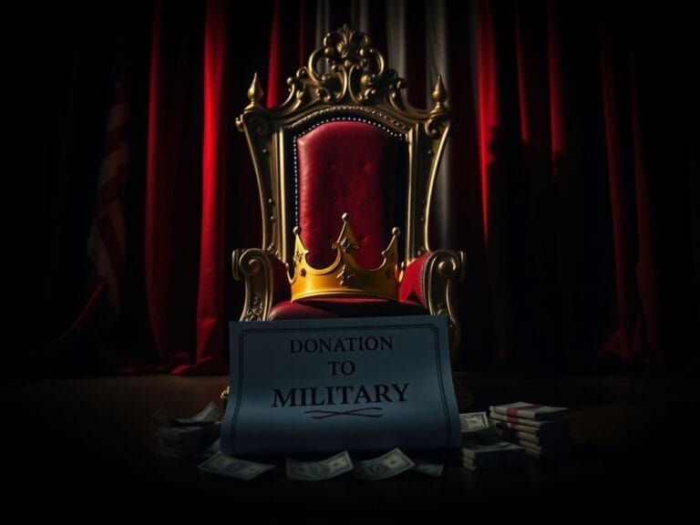 Flick International Large ornate throne symbolizing power in a dark room with crumpled document and cash