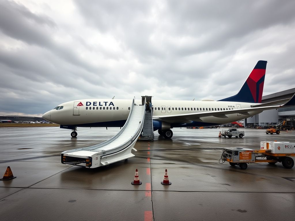 Flick International A grounded Delta Airlines jet with an emergency slide deployed at Pittsburgh International Airport
