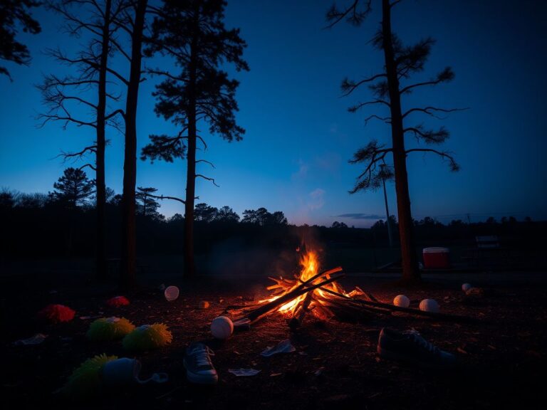 Flick International Somber scene of a bonfire area known as 'The Pit' in Alabama, reflecting a tragic event.