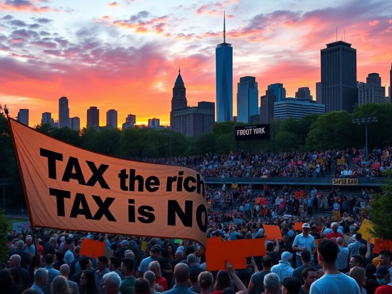 Flick International A vibrant outdoor rally at Forest Hills Stadium with diverse crowds holding signs that read 'Tax the rich!'