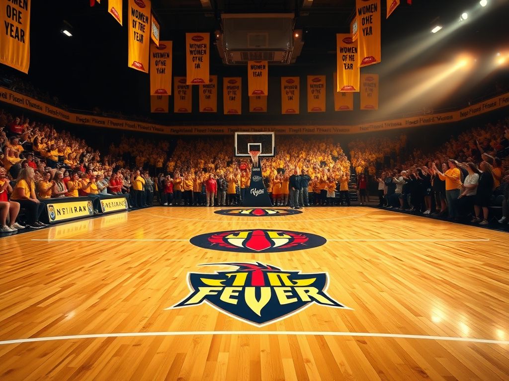 Flick International A dynamic basketball court scene featuring Indiana Fever logo and cheering fans