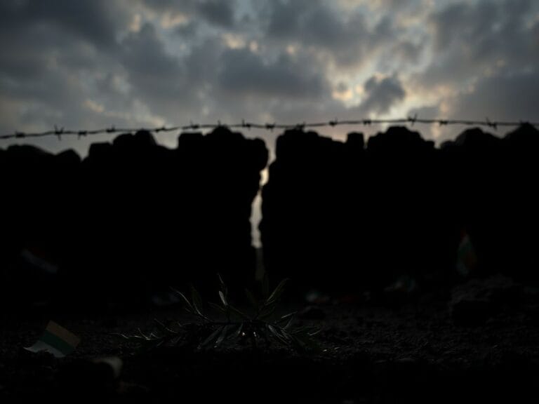 Flick International Silhouette of a crumbling stone wall with barbed wire and a wilted olive branch symbolizing peace amidst conflict