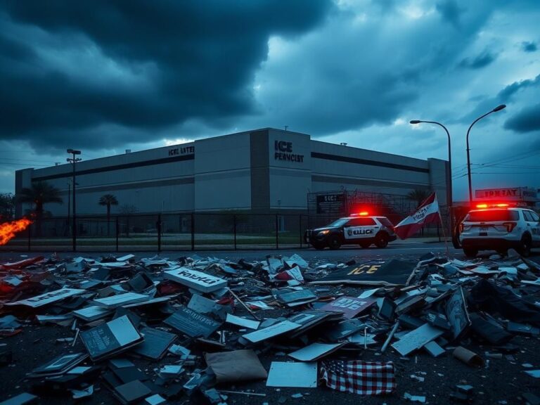 Flick International Tense urban scene depicting an ICE processing center with barricades and protest remnants