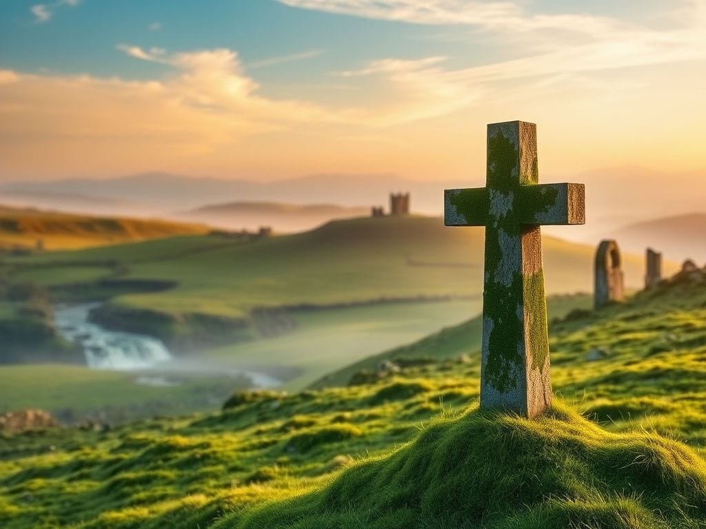 Flick International Serene landscape of the Irish countryside with ancient stone ruins and a weathered cross