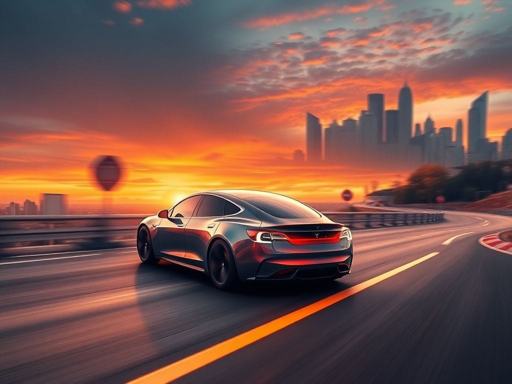 Flick International Tesla car in motion showcasing high speed on a winding road