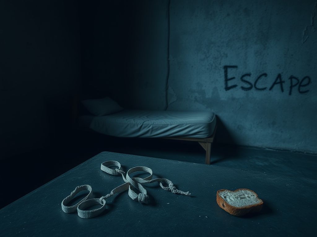 Flick International Dimly lit room with a tattered mattress and abandoned zip ties, symbolizing child neglect and trauma.