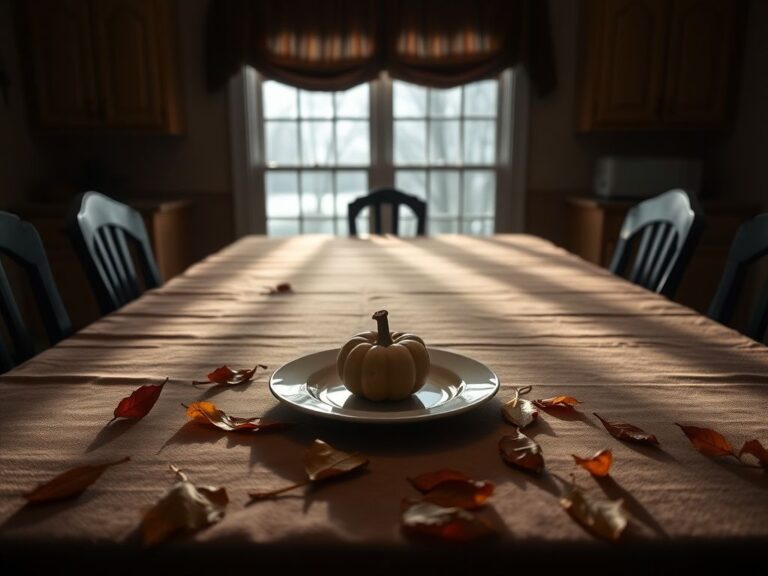Flick International Somber Thanksgiving dinner table set with empty plates and fallen autumn leaves