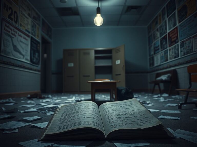 Flick International A dimly lit, abandoned classroom with scattered papers and an overturned desk, evoking a sense of neglect and decay.