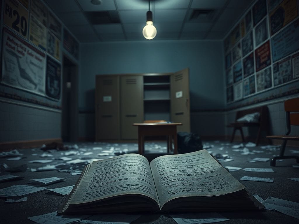 Flick International A dimly lit, abandoned classroom with scattered papers and an overturned desk, evoking a sense of neglect and decay.