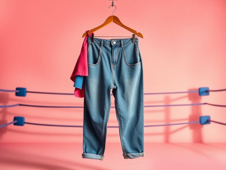 Flick International Stylish curvy jeans hanging on a rustic wooden hanger against a pastel backdrop