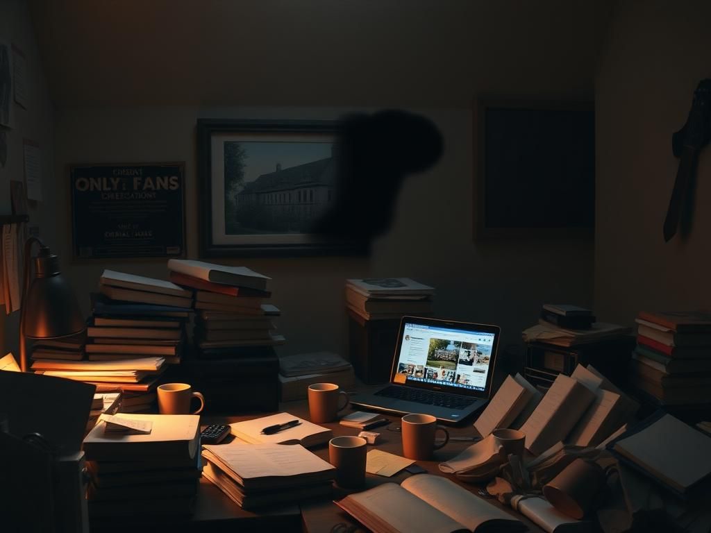 Flick International A dimly lit college dorm room with an OnlyFans page open on a laptop amidst books and coffee cups