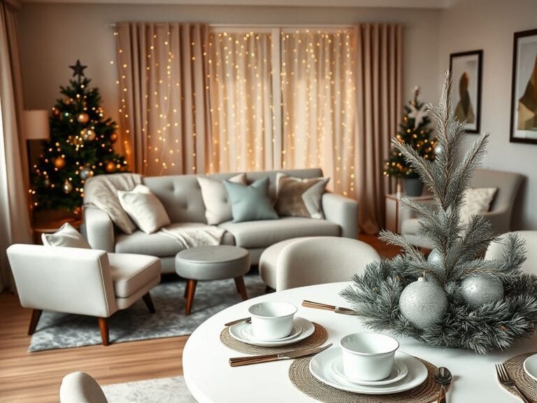 Flick International Cozy living room setting with tufted sofa and Christmas lights
