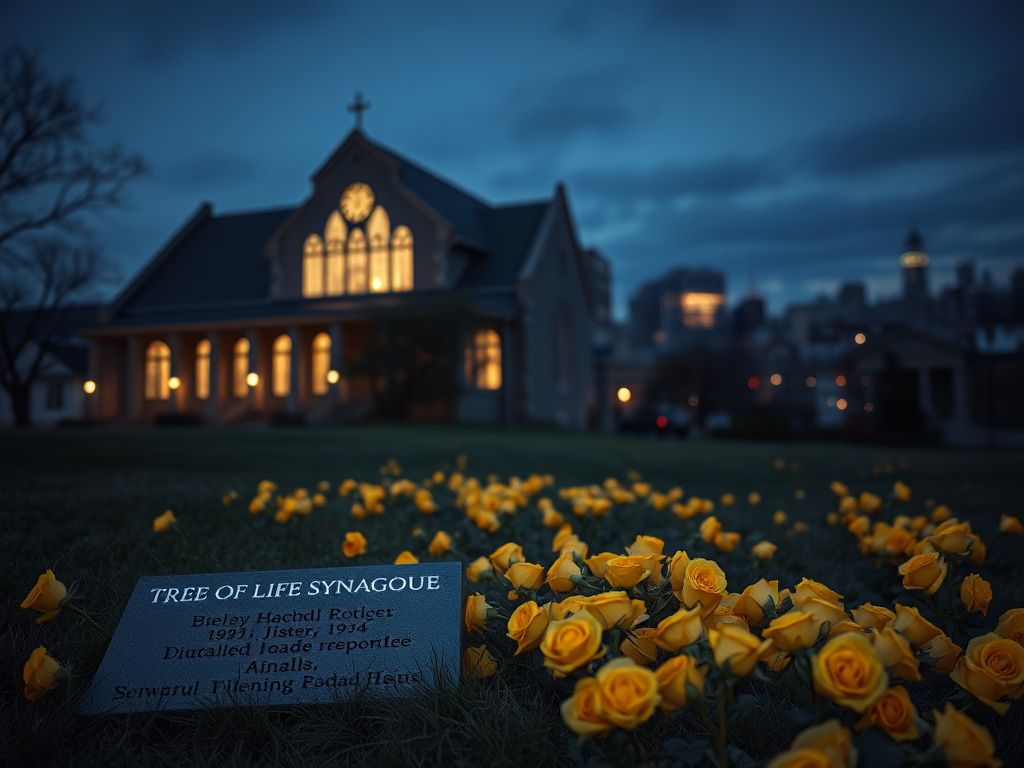 Flick International Exterior view of the Tree of Life Synagogue in Pittsburgh at dusk, with warm lights and yellow roses in the foreground