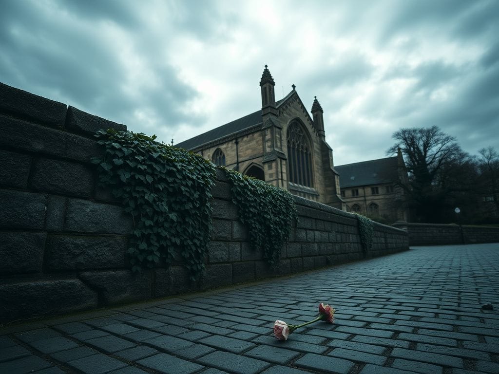 Flick International somber scene outside Lichfield Cathedral showing Gothic architecture and a weathered stone wall