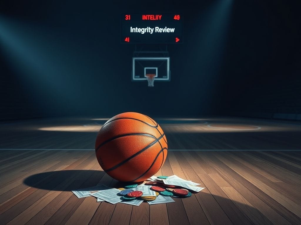 Flick International A dimly lit basketball court with a basketball and colorful betting slips.