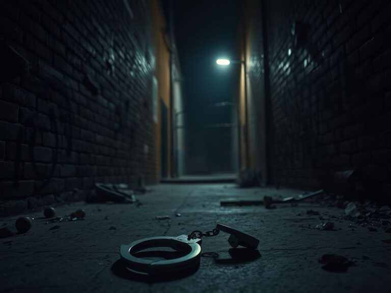 Flick International Dimly lit alleyway symbolizing danger with abandoned handcuffs on the ground
