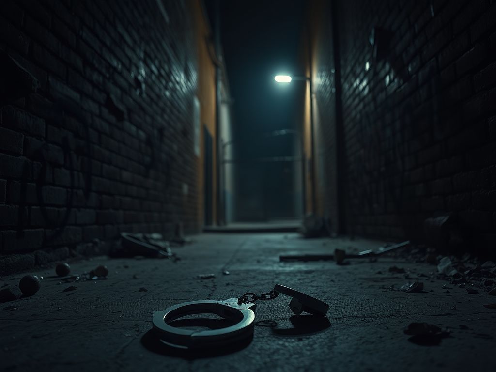 Flick International Dimly lit alleyway symbolizing danger with abandoned handcuffs on the ground