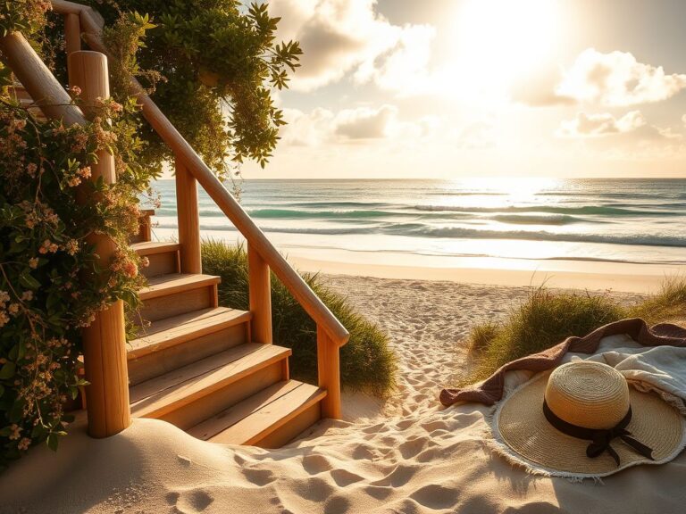 Flick International A serene beach in Byron Bay with a wooden staircase leading to white sand and gentle ocean waves