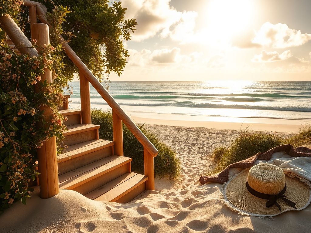 Flick International A serene beach in Byron Bay with a wooden staircase leading to white sand and gentle ocean waves