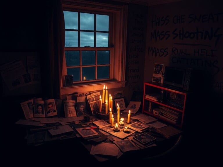 Flick International Dimly lit room with chilling memorabilia related to mass shootings
