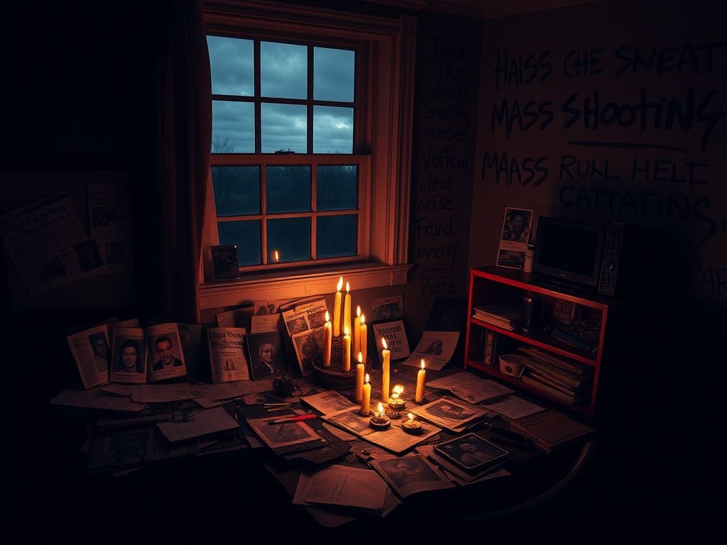 Flick International Dimly lit room with chilling memorabilia related to mass shootings