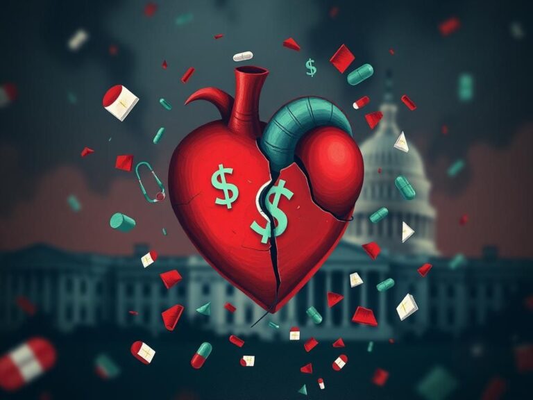 Flick International Abstract representation of healthcare struggles in America featuring a fractured heart and dollar signs