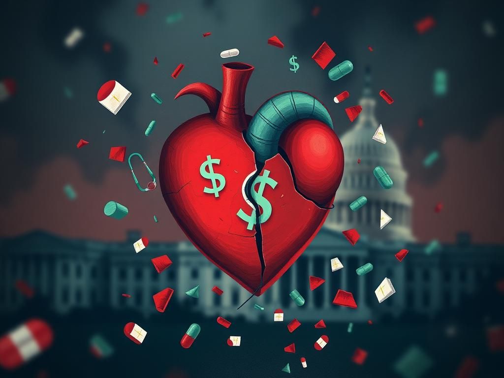 Flick International Abstract representation of healthcare struggles in America featuring a fractured heart and dollar signs