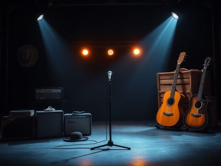 Flick International Dimly lit stage with microphone stand symbolizing Tim McGraw's health struggles