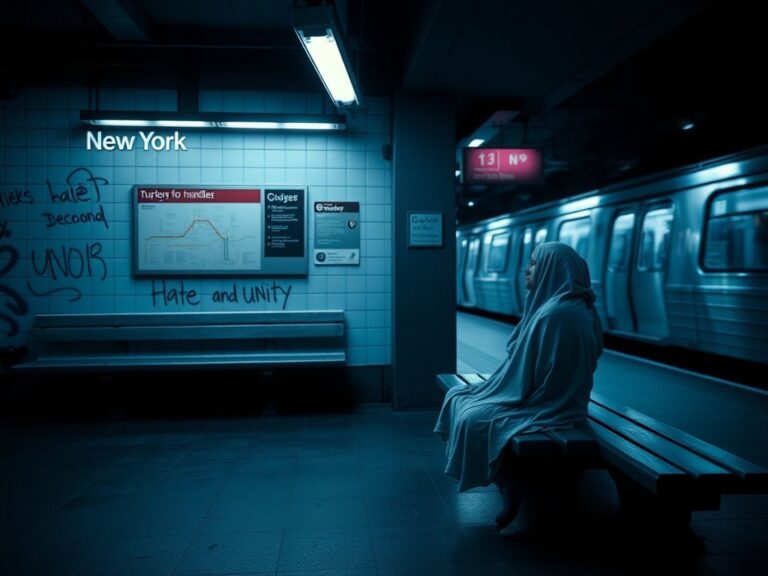 Flick International Dimly lit subway station in NYC with empty benches and a hijab on a bench