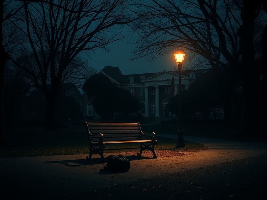 Flick International Dimly lit university campus at dusk with shadowy trees and an abandoned backpack
