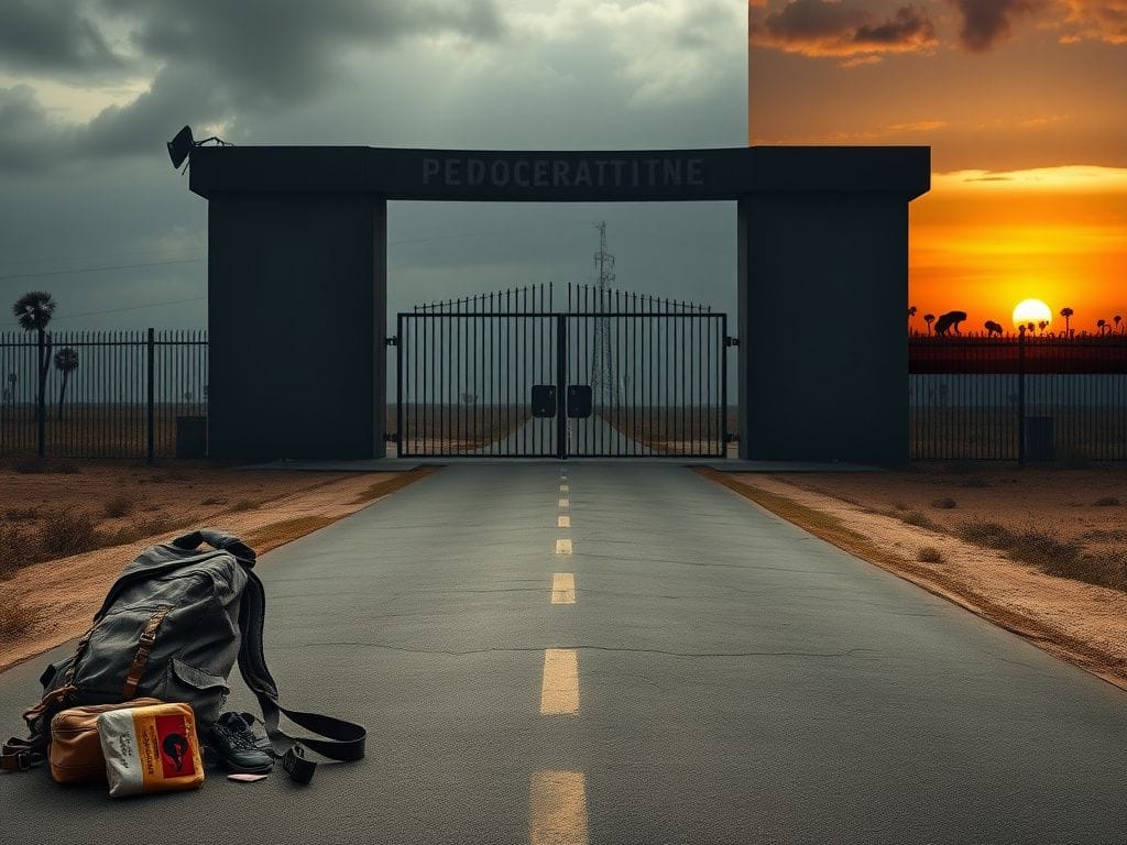 Flick International A foreboding border crossing with a weathered backpack and distant African landscapes.