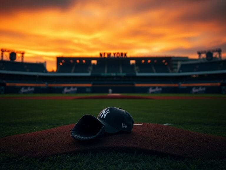 Flick International Abandoned baseball glove and Yankees cap on pitcher's mound at sunset