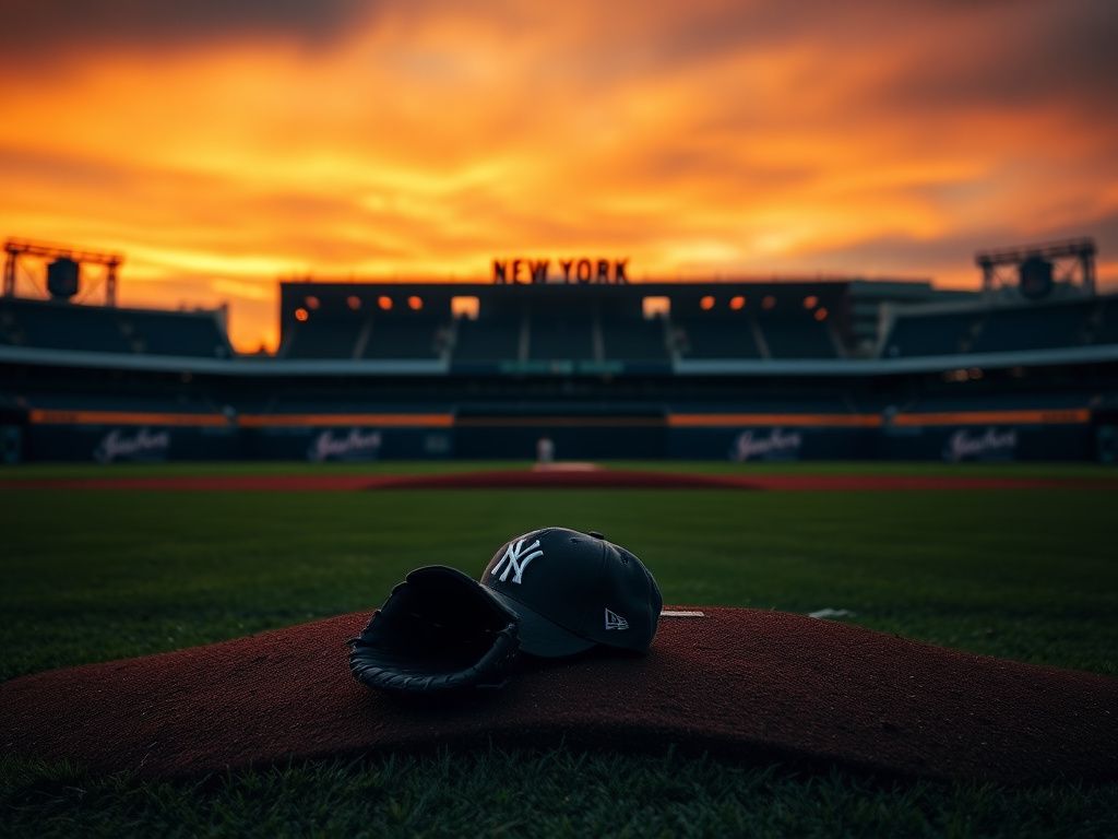 Flick International Abandoned baseball glove and Yankees cap on pitcher's mound at sunset