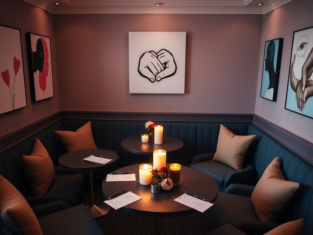 Flick International Cozy and intimate setting for a modern dating mixer with elegantly designed room and soft lighting