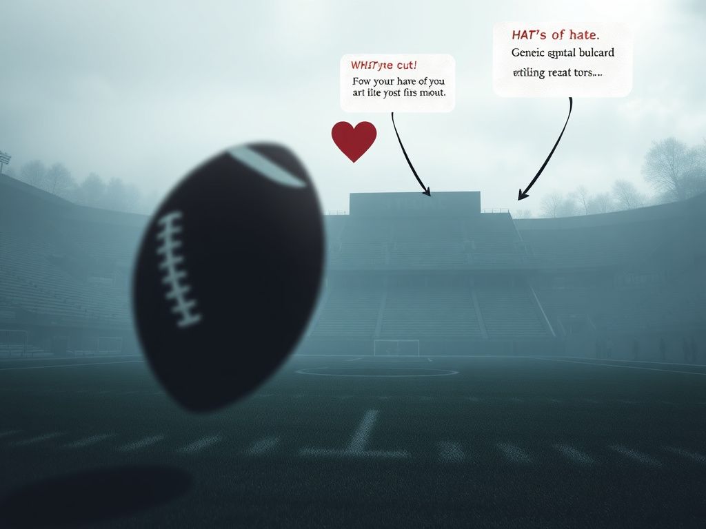 Flick International Abstract design of a college football stadium with empty stands symbolizing isolation and confrontation