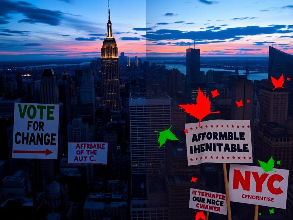 Flick International A dynamic cityscape of New York City at dusk with protest signs and campaign posters