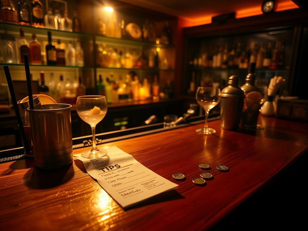 Flick International Dimly lit bar scene showcasing an elegantly arranged wooden bar top with cocktail glasses and garnishes.
