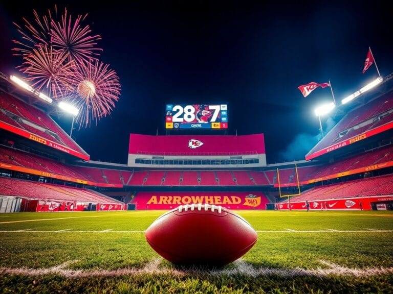 Flick International Kansas City Chiefs football night at Arrowhead Stadium with fireworks and a resting football