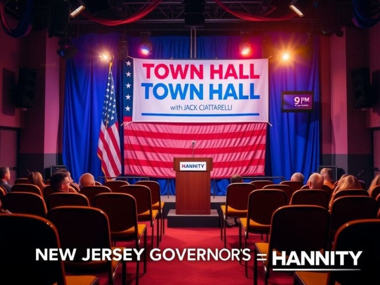 Flick International Town hall setting featuring podium and American flag, symbolizing GOP event