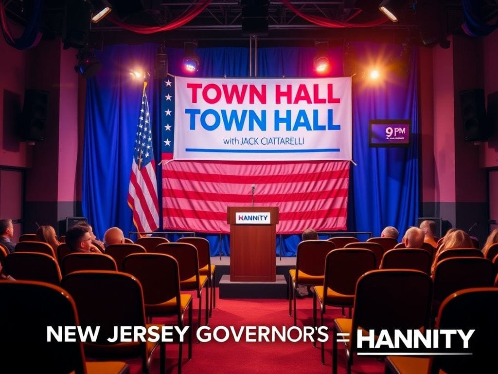 Flick International Town hall setting featuring podium and American flag, symbolizing GOP event