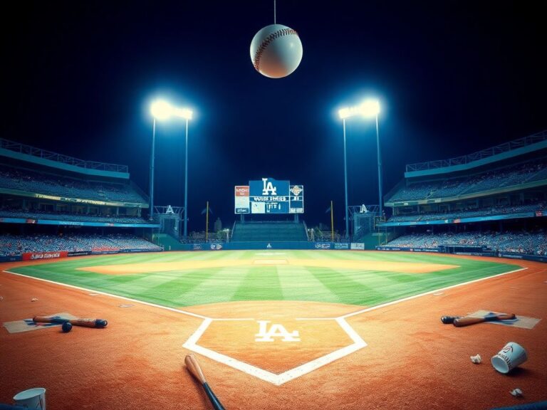 Flick International Dramatic night view of a baseball stadium featuring an illuminated pitcher's mound and empty baseball diamond