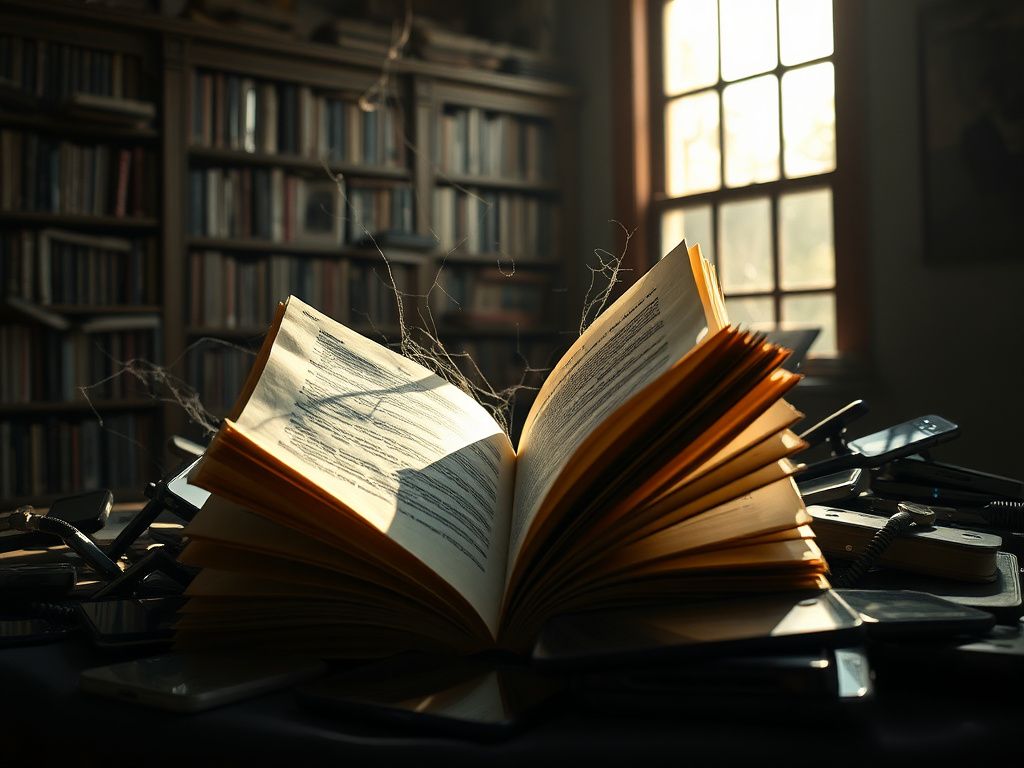 Flick International An open book with fluttering pages surrounded by smartphones and tablets, representing the decline of traditional reading.