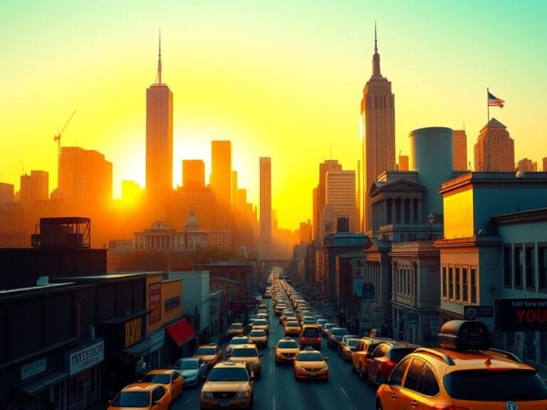 Flick International A bustling New York City skyline at dawn with classic yellow taxis and vibrant storefronts