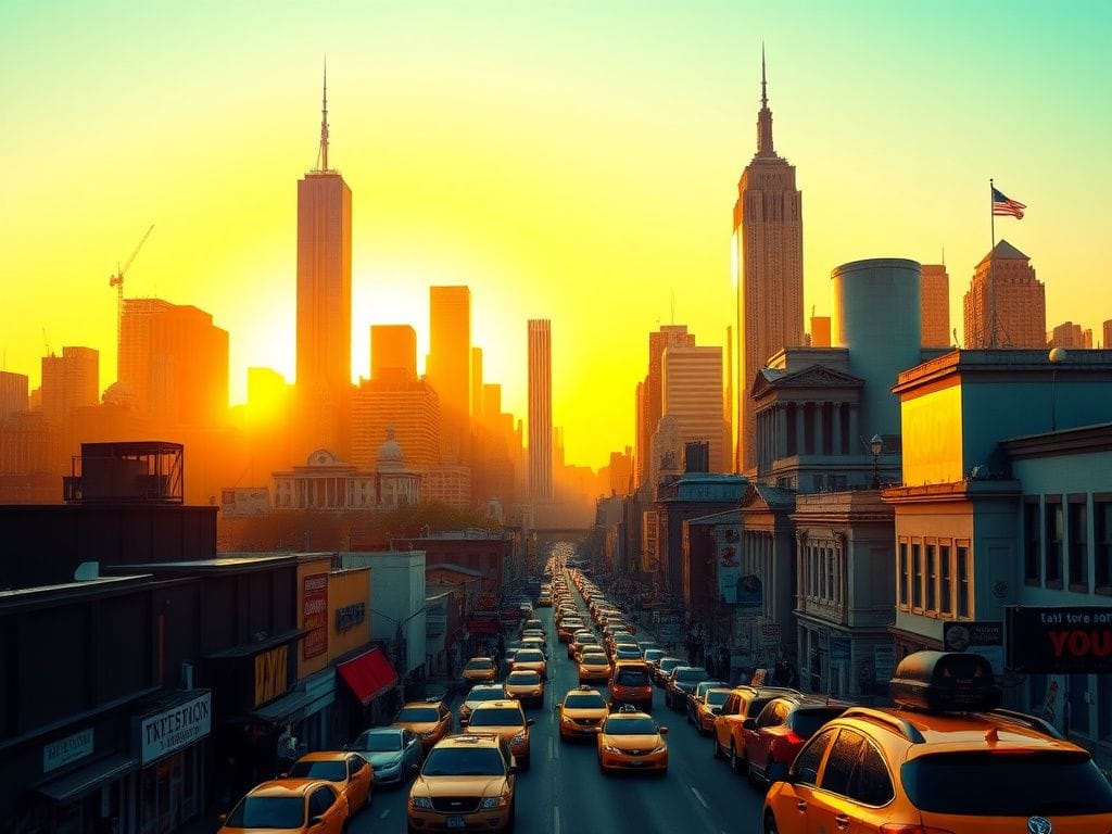 Flick International A bustling New York City skyline at dawn with classic yellow taxis and vibrant storefronts