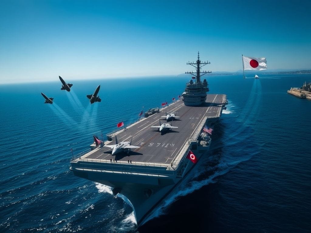 Flick International Aerial view of USS George Washington with F-35 fighter jets