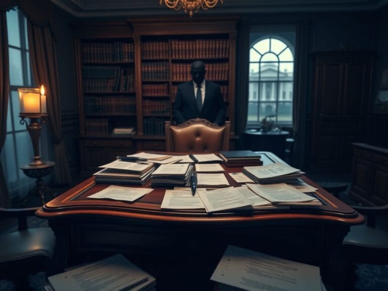 Flick International Office scene featuring a cluttered wooden desk with legal documents and an autopen device