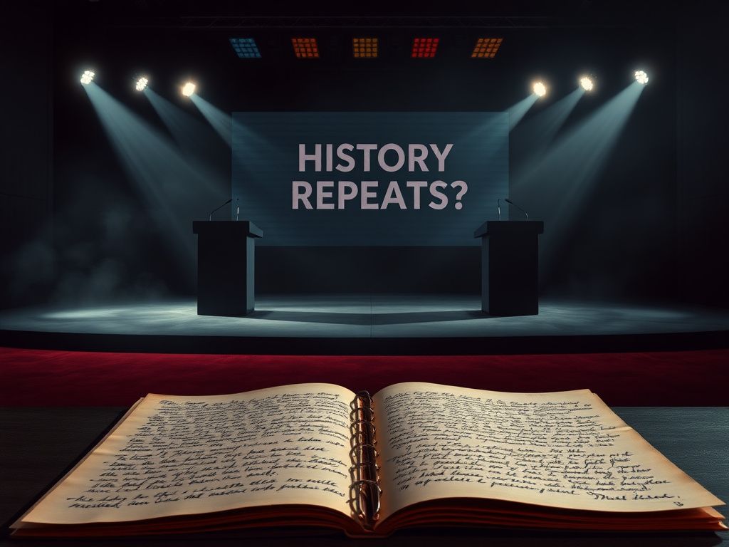 Flick International Dimly lit empty political debate stage with two podiums and a digital screen