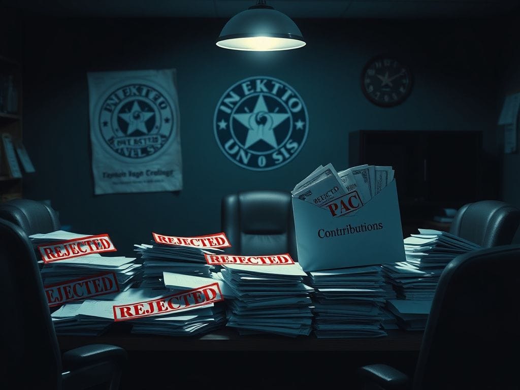 Flick International Dimly lit office with cluttered desk showing rejected documents and PAC contributions