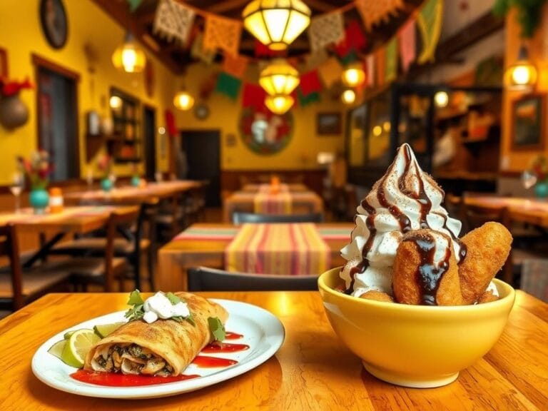 Flick International Sizzling chimichanga garnished with guacamole and sour cream in a vibrant Mexican restaurant setting