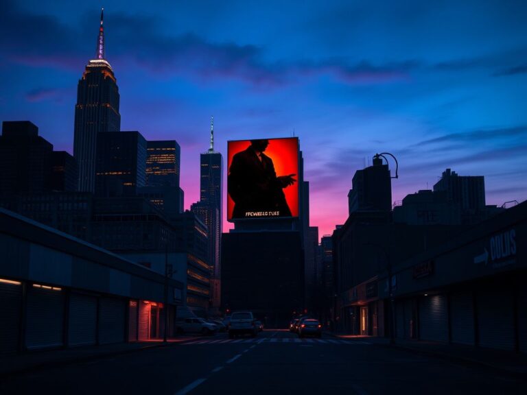 Flick International Dramatic urban landscape of New York City at dusk with illuminated skyscrapers and empty streets